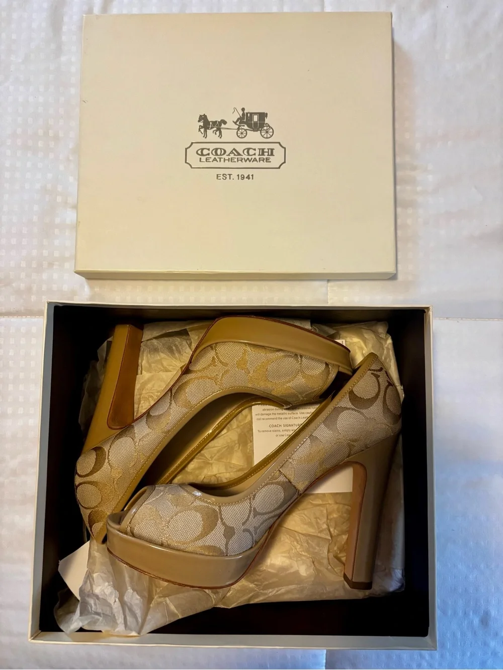 Coach Breana Signature Canvas Peep-Toe Platform Pumps in Light Khaki Sand 7.5